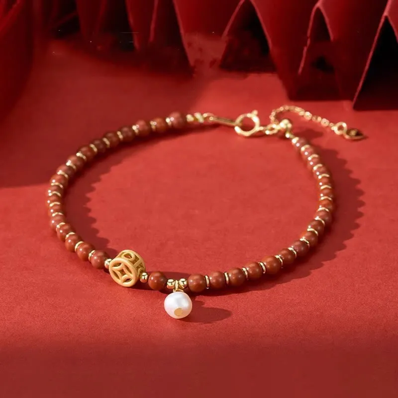 Luck Muse Red Agate Copper Coin Bracelet with 14K Gold Plating for Confidence - Image 2