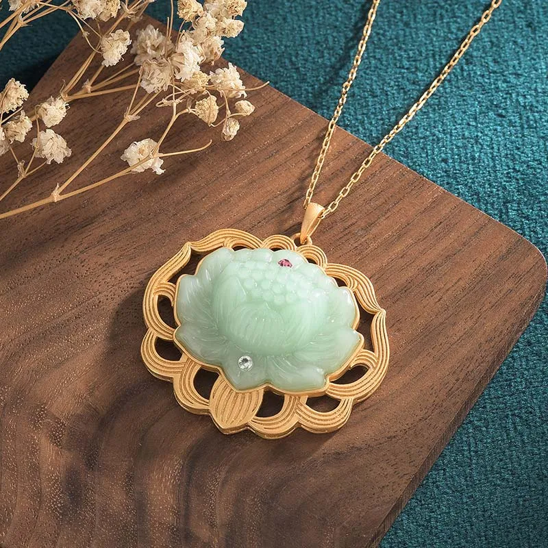 Natural Jade Lotus Harmony Necklace Pendant by Luck Muse Shop - Image 2