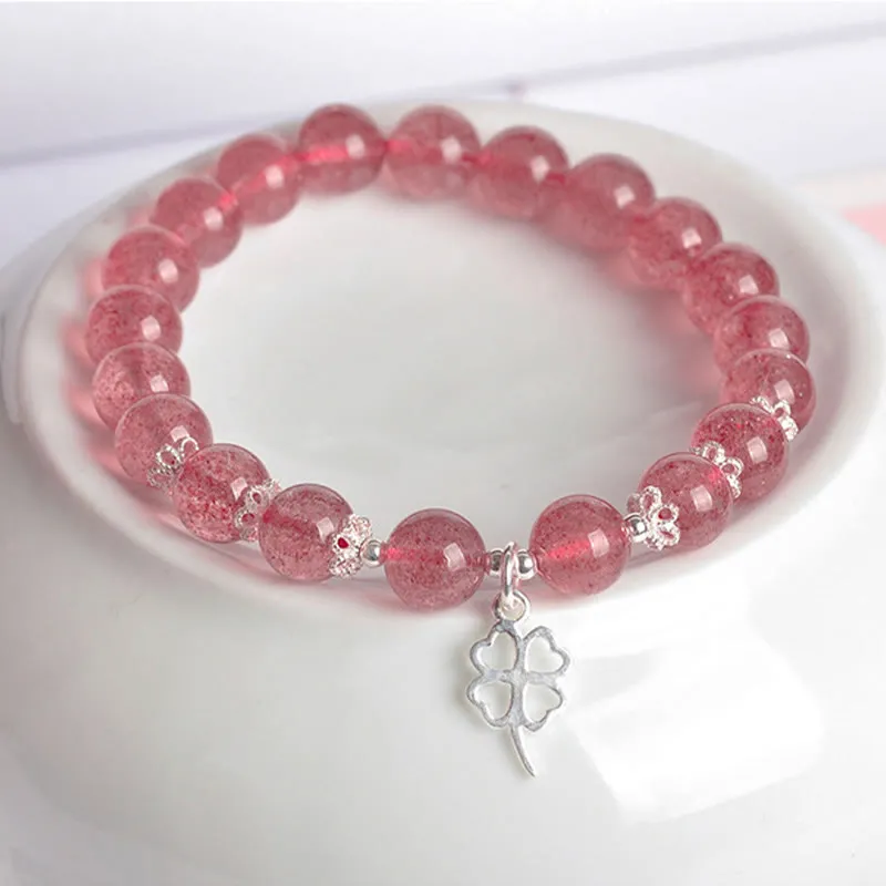 Luck Muse 925 Silver Strawberry Quartz Four Leaf Clover Love Bracelet - Image 3