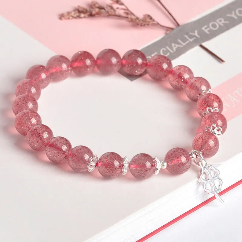 Luck Muse 925 Silver Strawberry Quartz Four Leaf Clover Love Bracelet - Image 2
