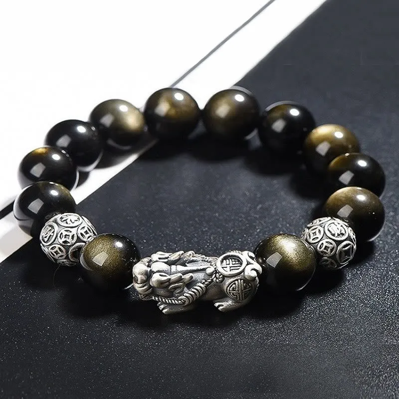 Luck Muse 925 Sterling Silver Gold Sheen Obsidian PiXiu Protection Bracelet - Image 6