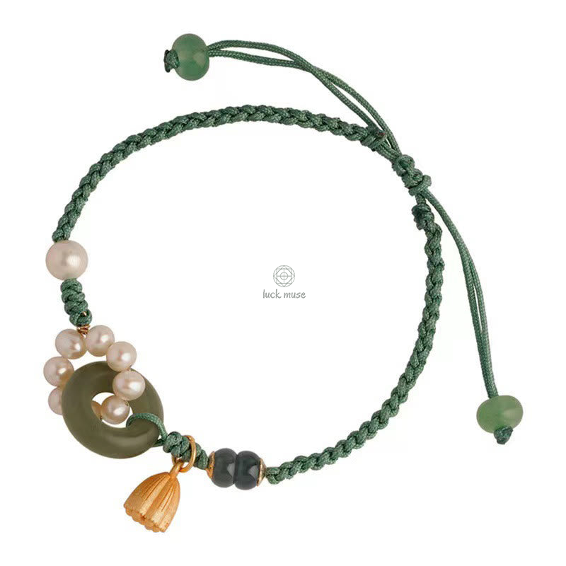 Handcrafted Hetian Jade Peace Buckle Bracelet with Natural Pearls for Luck - Image 8