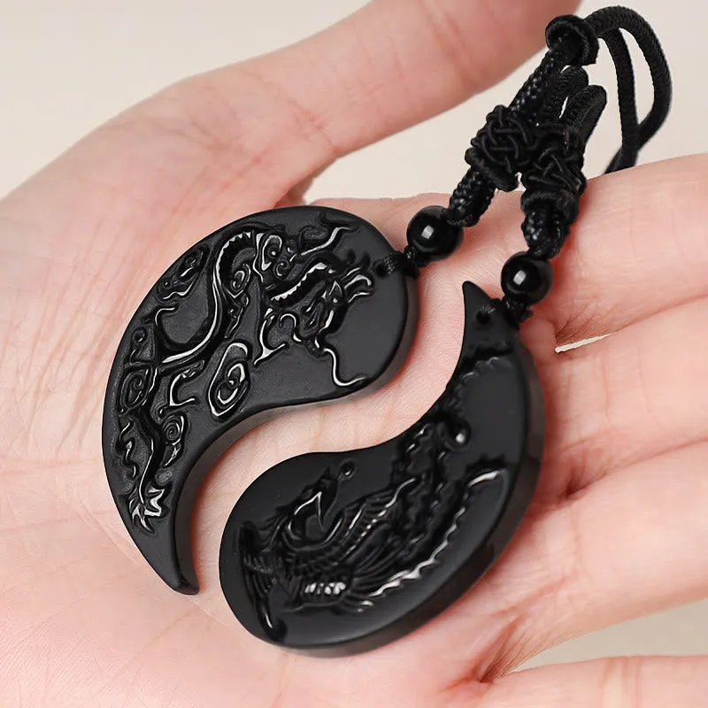Black Obsidian Yin Yang Dragon Phoenix Lucky Necklace Pendant by Luck Muse Shop - Image 4