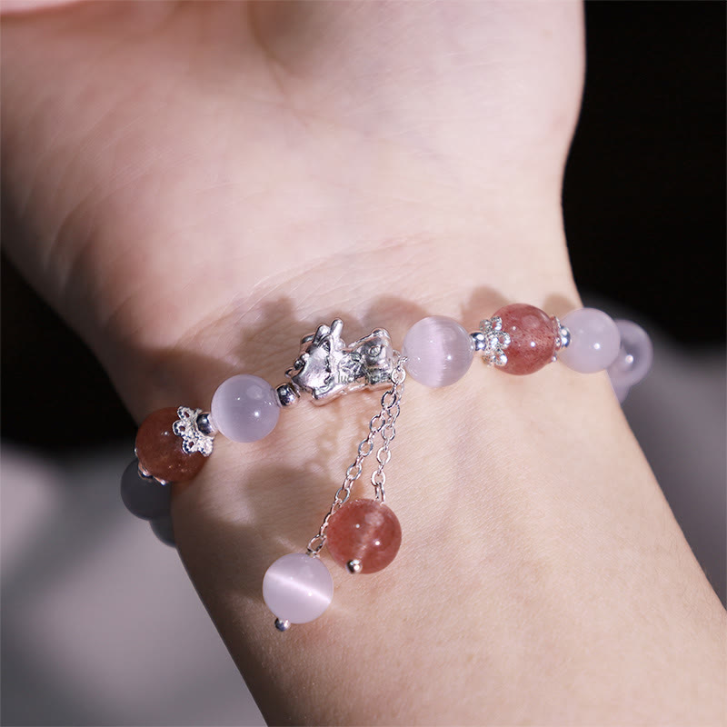 Luck Muse Cat's Eye Moonstone Strawberry Quartz PiXiu Bracelet - Image 11