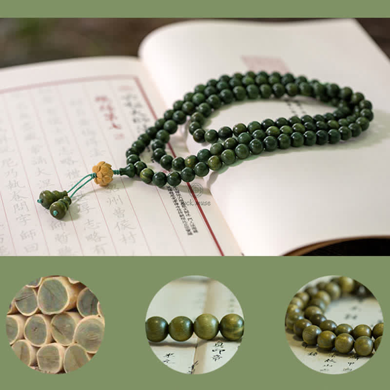 Luck Muse 108 Mala Beads Bracelet with Green Sandalwood Boxwood Lotus Design - Image 22