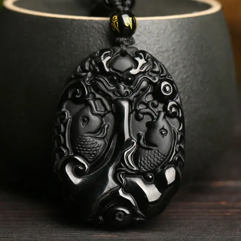 Black Obsidian Koi Fish Beaded Rope Necklace with Luck Muse Pendant - Image 2