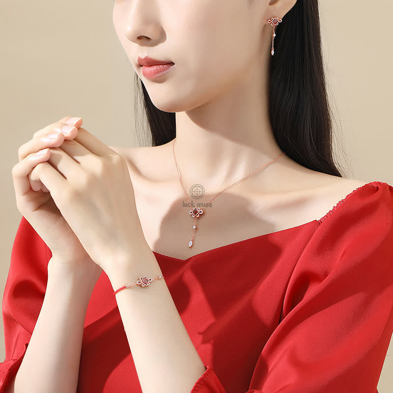 Luck Muse 925 Sterling Silver Chinese Knot Red Zircon Jewelry Set - Image 2