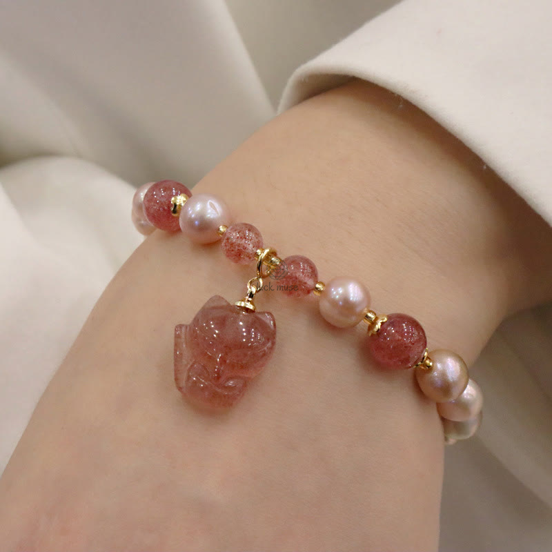Natural Pearl Strawberry Quartz Love Healing Bracelet with Cute Fox Charm - Image 10