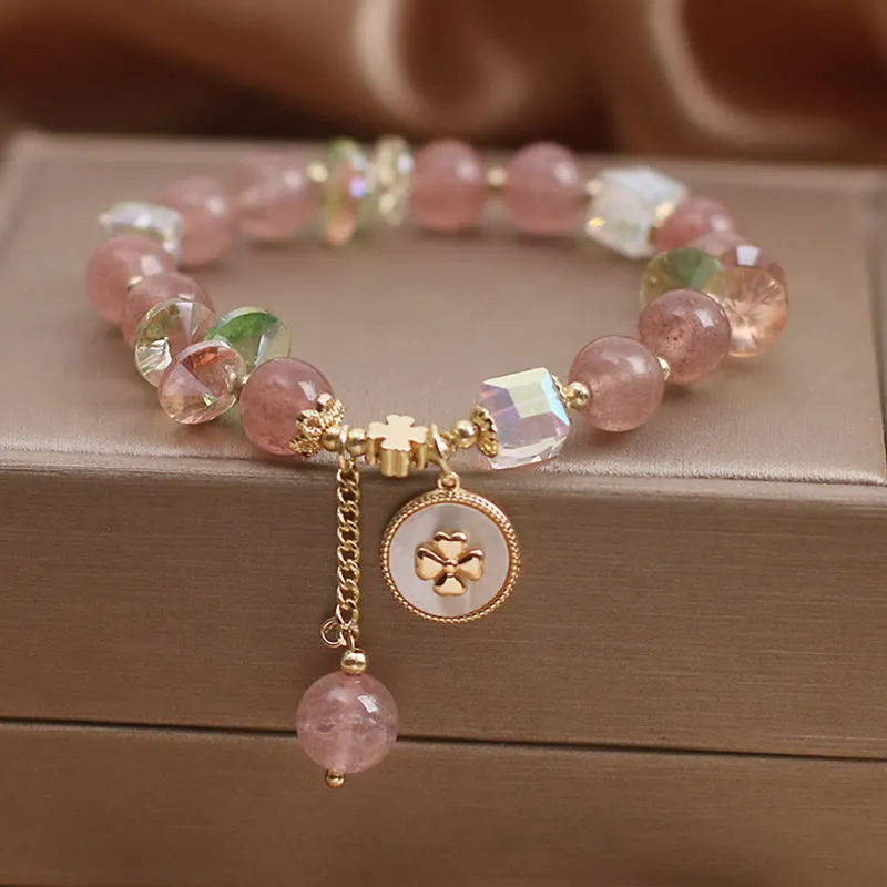 Luck Muse Strawberry Quartz Four Leaf Clover Bracelet with Healing Charm - Image 2