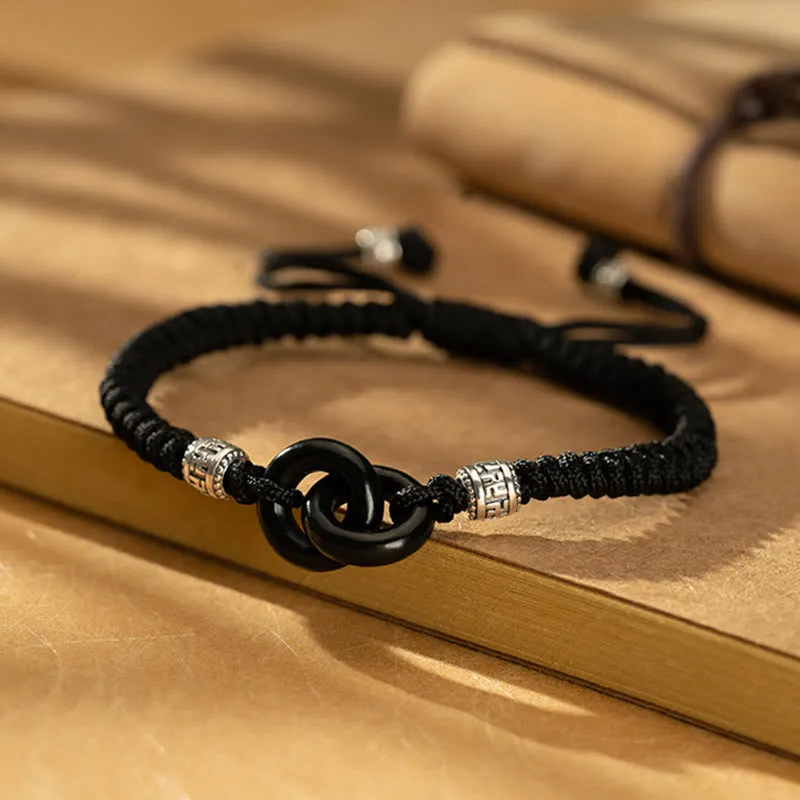 Luck Muse 925 Sterling Silver Hetian Black Jade Double Peace Buckle Bracelet with Swastika Symbol for Luck
