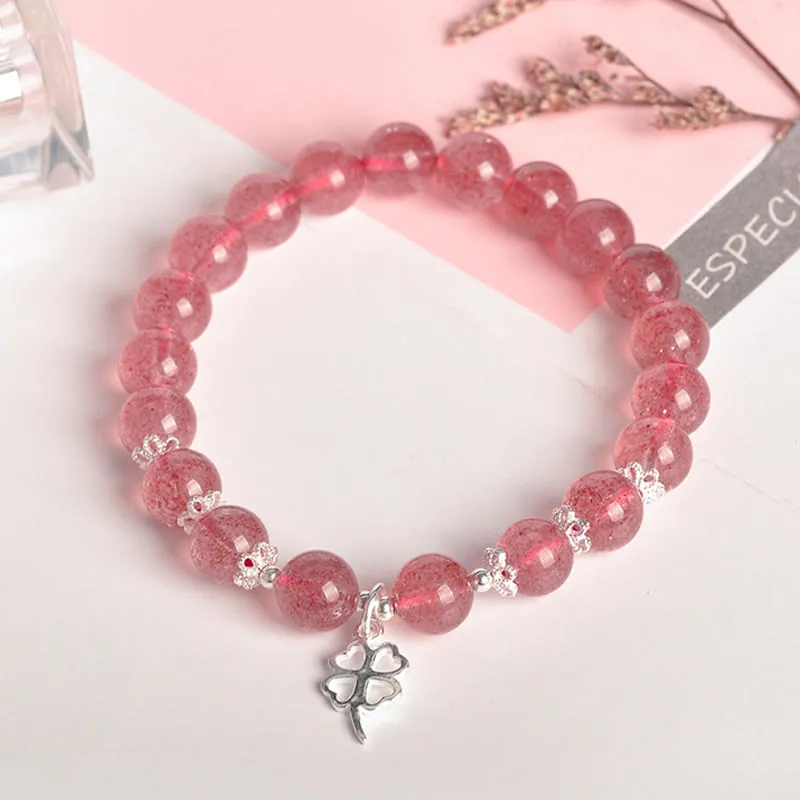 Luck Muse 925 Silver Strawberry Quartz Four Leaf Clover Love Bracelet - Image 4