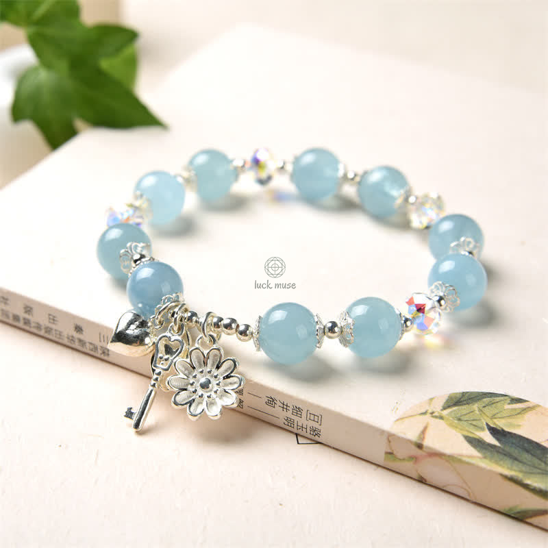925 Sterling Silver Aquamarine Serenity Flower Key Charm Bracelet - Image 7