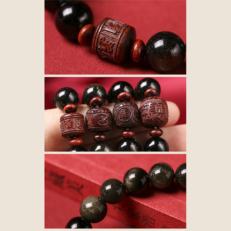 Natural Gold Sheen Obsidian Rainbow Obsidian Om Mani Padme Hum Healing Bracelet - Image 24