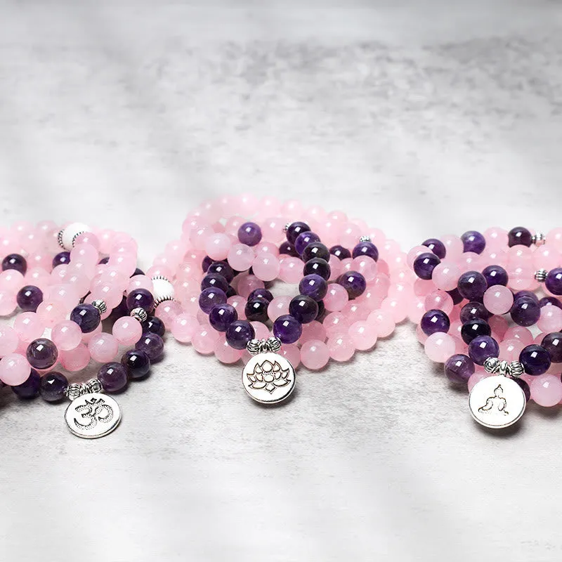 Luck Muse Shop Rose Quartz Amethyst Mala Bead Lotus Pendant Bracelet - Image 7