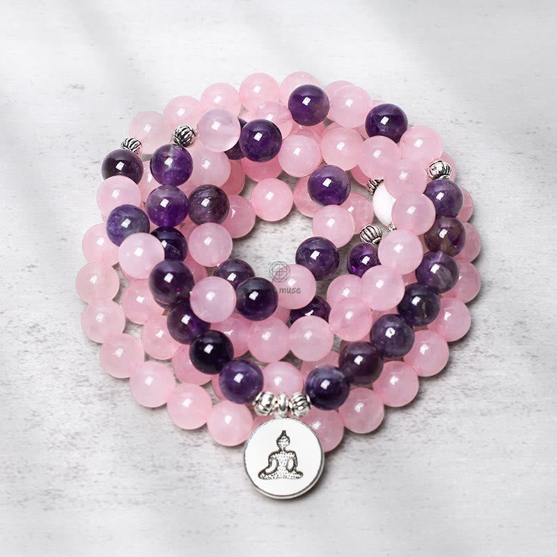 Luck Muse Shop Rose Quartz Amethyst Mala Bead Lotus Pendant Bracelet - Image 6