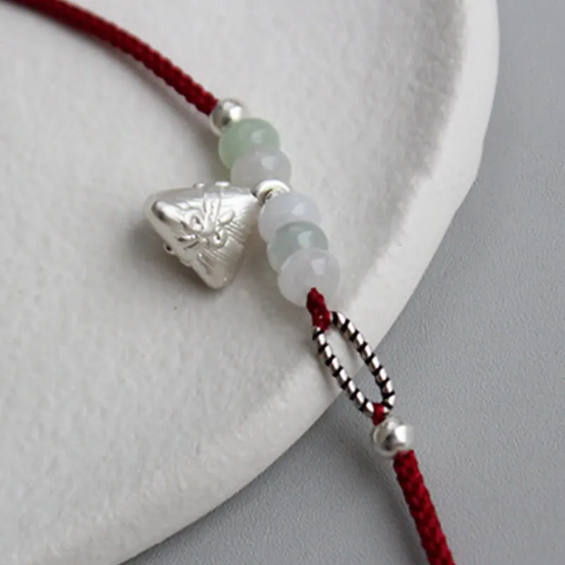 Luck Muse Jade Red String Bracelet with 925 Sterling Silver Zongzi Charm for Abundance - Image 3