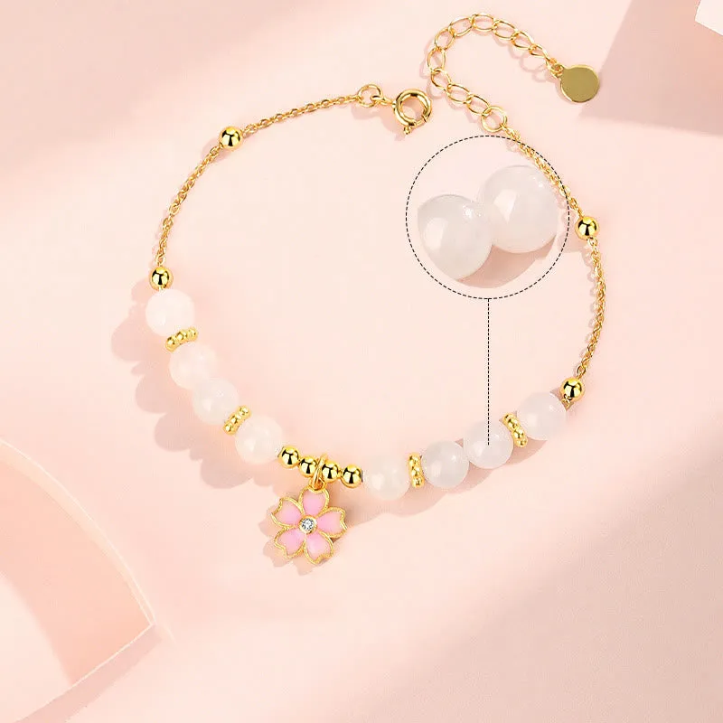 Luck Muse Sterling Silver Hetian White Jade Cherry Blossom Bracelet - Image 4