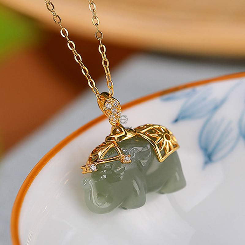 Luck Muse Jade Elephant Blessing Fortune 925 Sterling Silver Necklace Pendant - Image 6