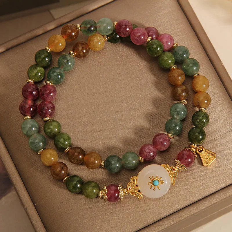 Natural Multicolored Tourmaline and Positive Jade Flower Double Wrap Bracelet - Image 5