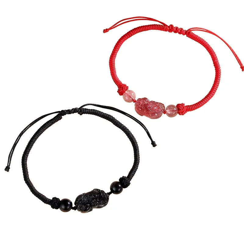 Handmade Silver Sheen Obsidian & Strawberry Quartz PiXiu Protection Bracelet - Image 12