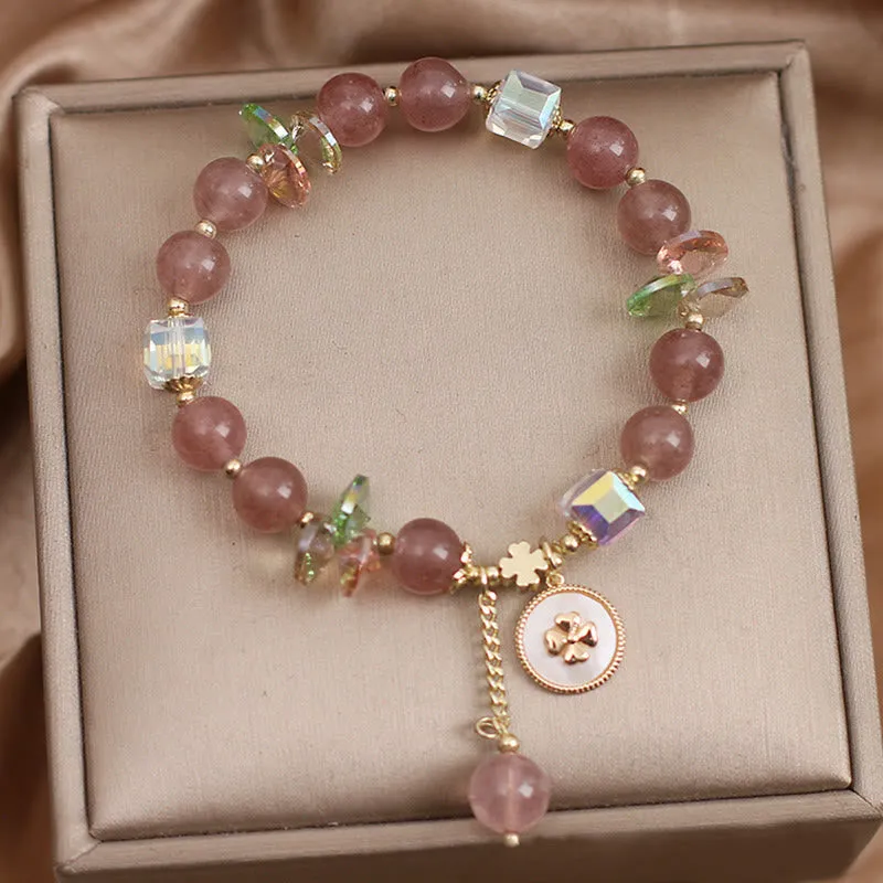 Luck Muse Strawberry Quartz Four Leaf Clover Bracelet with Healing Charm - Image 3