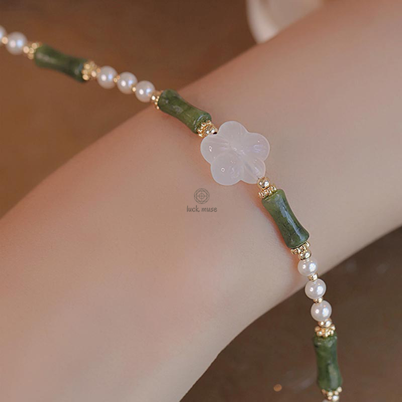 Peridot Agate and Pearl Bracelet with Luck Muse and Bamboo Flower Accents for Peace - Image 8
