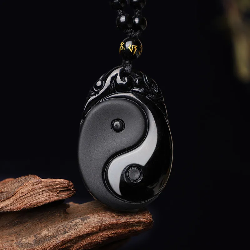 Natural Black Obsidian Yin Yang Fulfillment Strength Necklace