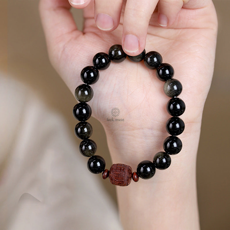 Natural Gold Sheen Obsidian Rainbow Obsidian Om Mani Padme Hum Healing Bracelet - Image 23