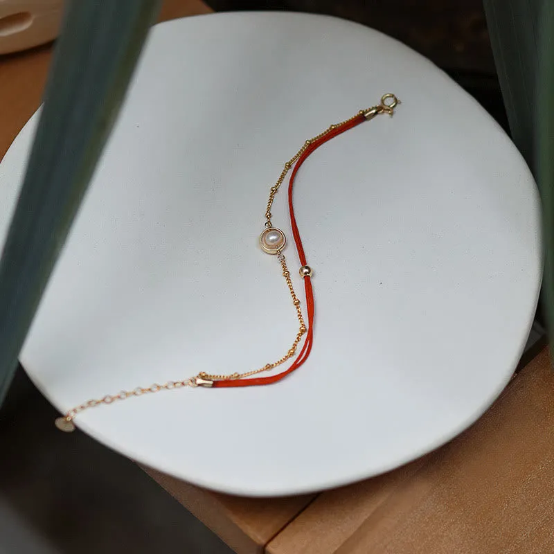 Double Layer Pearl Bead and Red String Bracelet with 14K Gold Plating by Luck Muse Shop - Image 5