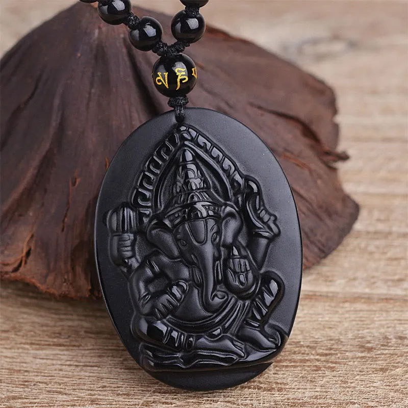 Tibetan Obsidian Ganesh Elephant Wealth Amulet Necklace - Image 5