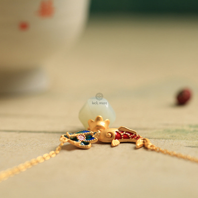 Luck Muse Shop 925 Sterling Silver White Jade Koi Fish Lotus Protection Necklace Pendant - Image 9