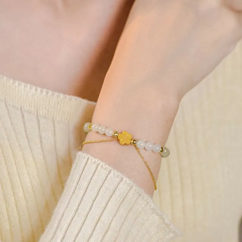 Luck Muse 925 Sterling Silver Hetian Jade Peach Blossom Luck Chain Bracelet - Image 5