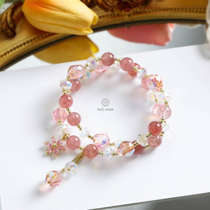 Luck Muse Strawberry Quartz and Zircon Floral Healing Double Wrap Bracelet - Image 6