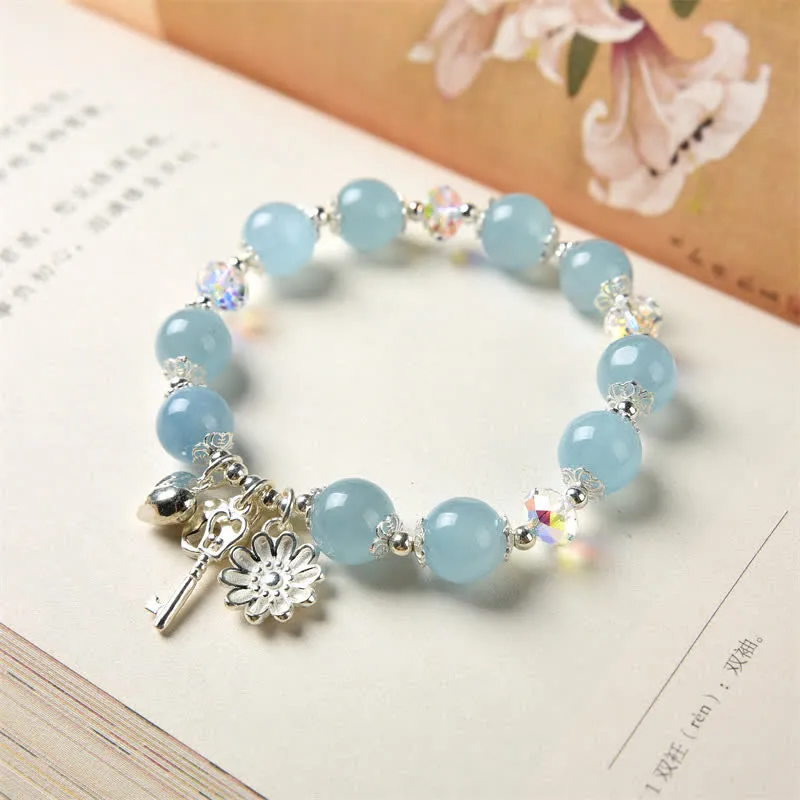 925 Sterling Silver Aquamarine Serenity Flower Key Charm Bracelet - Image 4