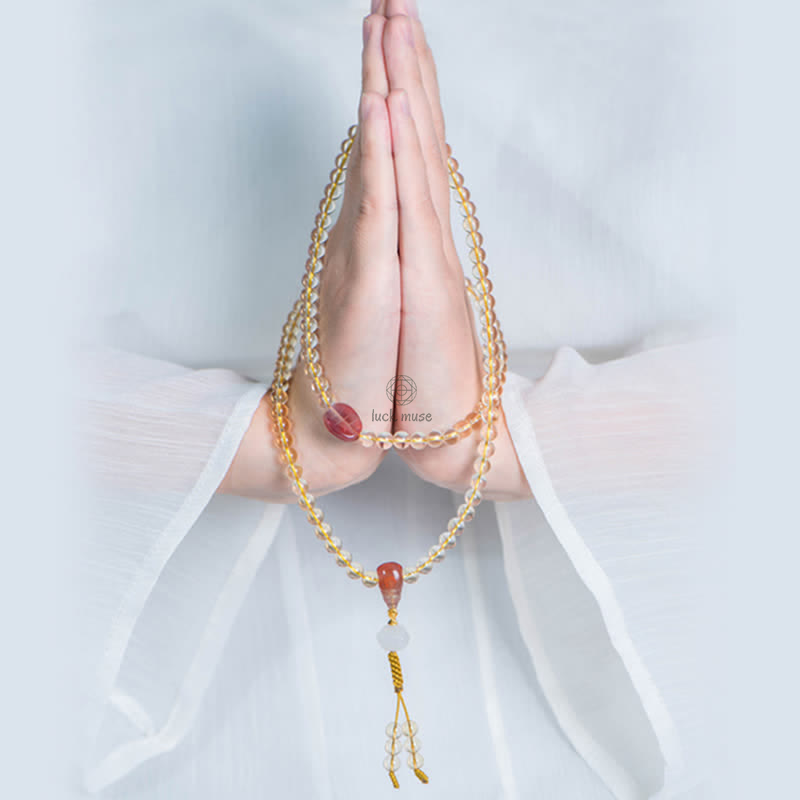 Luck Muse 108 Mala Beads Bracelet with 925 Sterling Silver, Natural Citrine, Red Agate, and White Jade Prosperity Charm