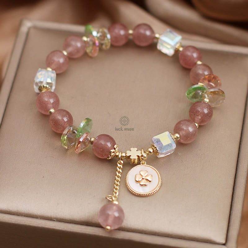 Luck Muse Strawberry Quartz Four Leaf Clover Bracelet with Healing Charm - Image 8