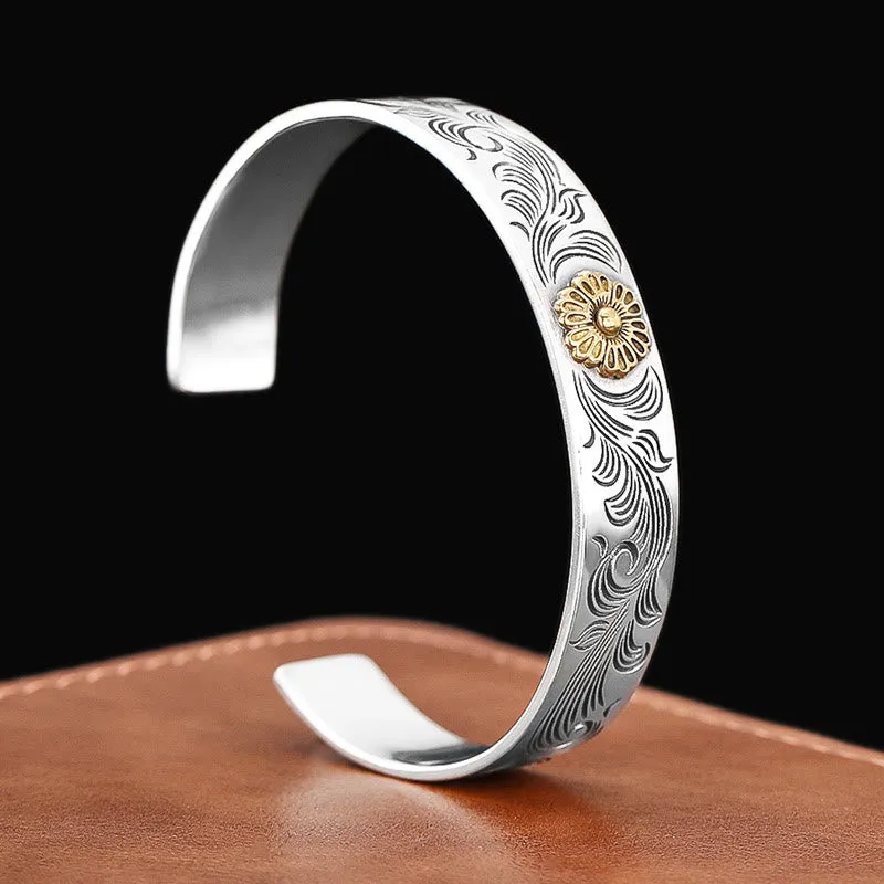 Tang Dynasty Inspired Luck Muse Floral Copper Bracelet with Feather Carving for Luck - Image 2