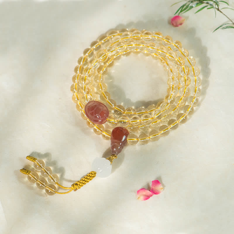 Luck Muse 108 Mala Beads Bracelet with 925 Sterling Silver, Natural Citrine, Red Agate, and White Jade Prosperity Charm - Image 2