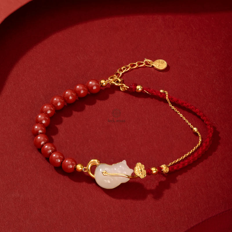 Luck Muse 925 Sterling Silver Plated 18K Gold Hetian Jade Ruyi Cat Cinnabar Luck Jewelry Set - Image 9