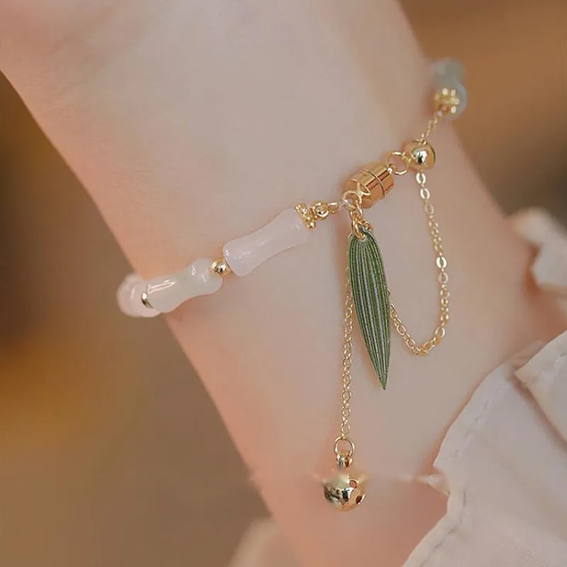 Luck Muse 14K Gold Plated Hetian White Jade Bamboo Leaf Lucky Protection Bracelet