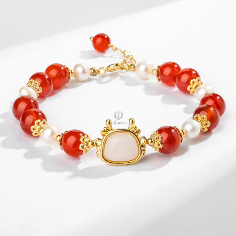 Luck Muse Year of the Dragon 14K Gold-Plated Red Agate Pearl Fu Character Chain Bracelet - Image 3