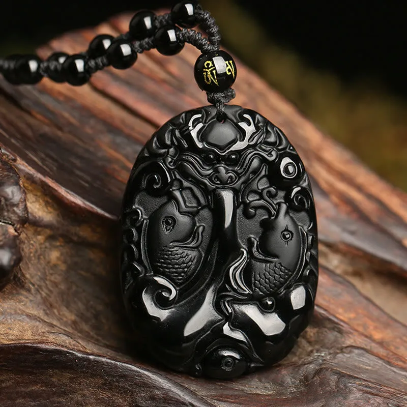 Black Obsidian Koi Fish Beaded Rope Necklace with Luck Muse Pendant