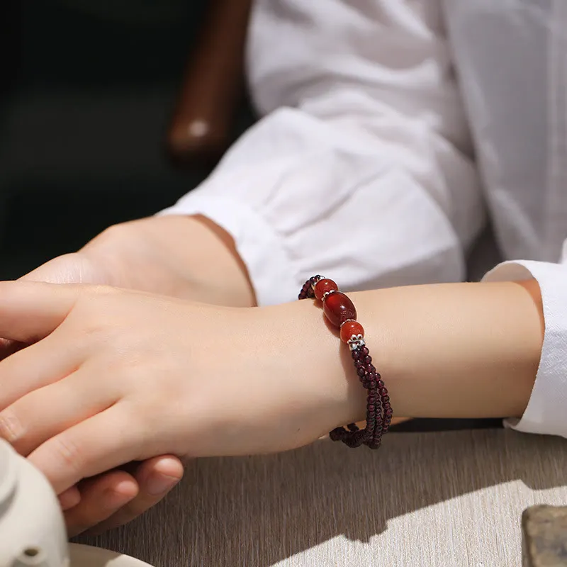 Natural Garnet and Red Agate Triple Layer Bracelet with Luck Muse Protection - Image 4