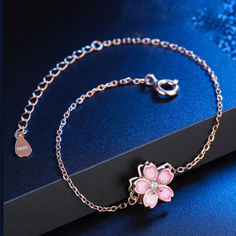 Luck Muse 925 Sterling Silver Cherry Blossom Blessing Bracelet with Rotating Ring - Image 2
