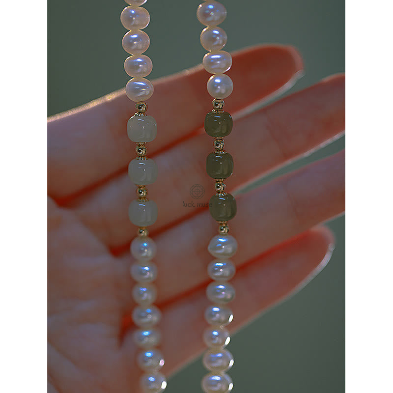 Luck Muse 14K Gold Plated Sincerity Bead Chain Bracelet with Natural Pearl, Hetian Cyan Jade, and White Jade - Image 11