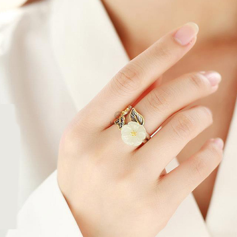 Luck Muse 925 Sterling Silver White Jade Plum Flower Leaf Luck Ring - Image 10