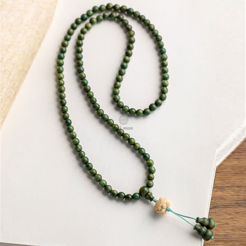 Luck Muse 108 Mala Beads Bracelet with Green Sandalwood Boxwood Lotus Design - Image 20