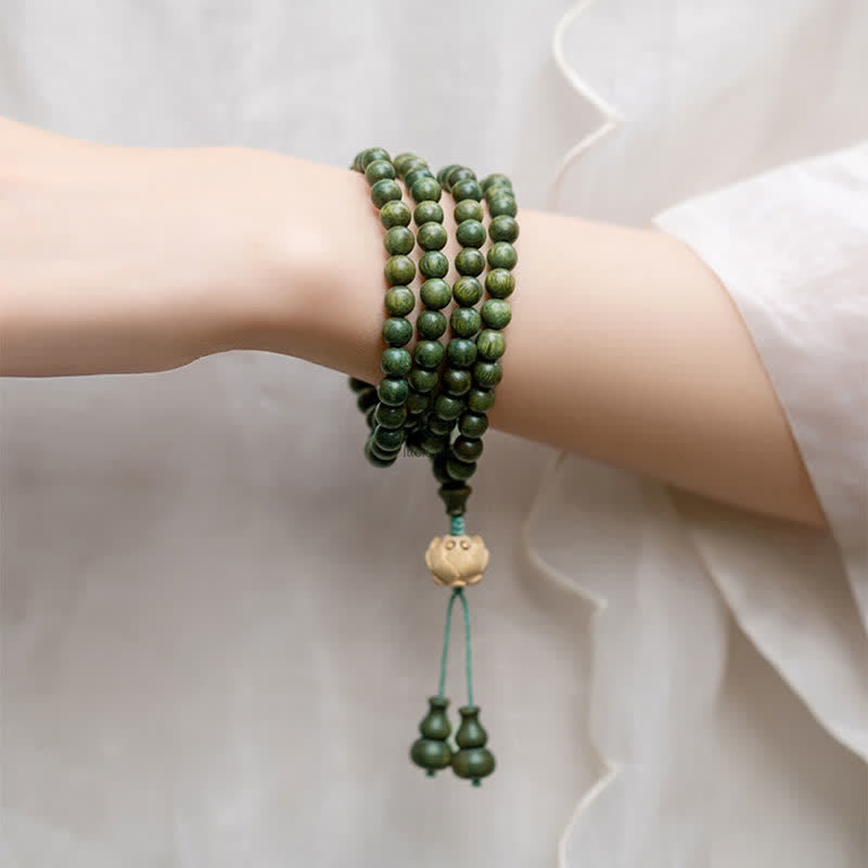 Luck Muse 108 Mala Beads Bracelet with Green Sandalwood Boxwood Lotus Design - Image 2
