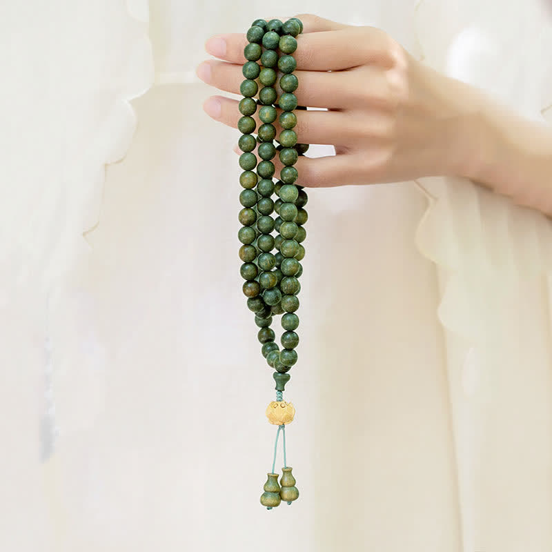 Luck Muse 108 Mala Beads Bracelet with Green Sandalwood Boxwood Lotus Design
