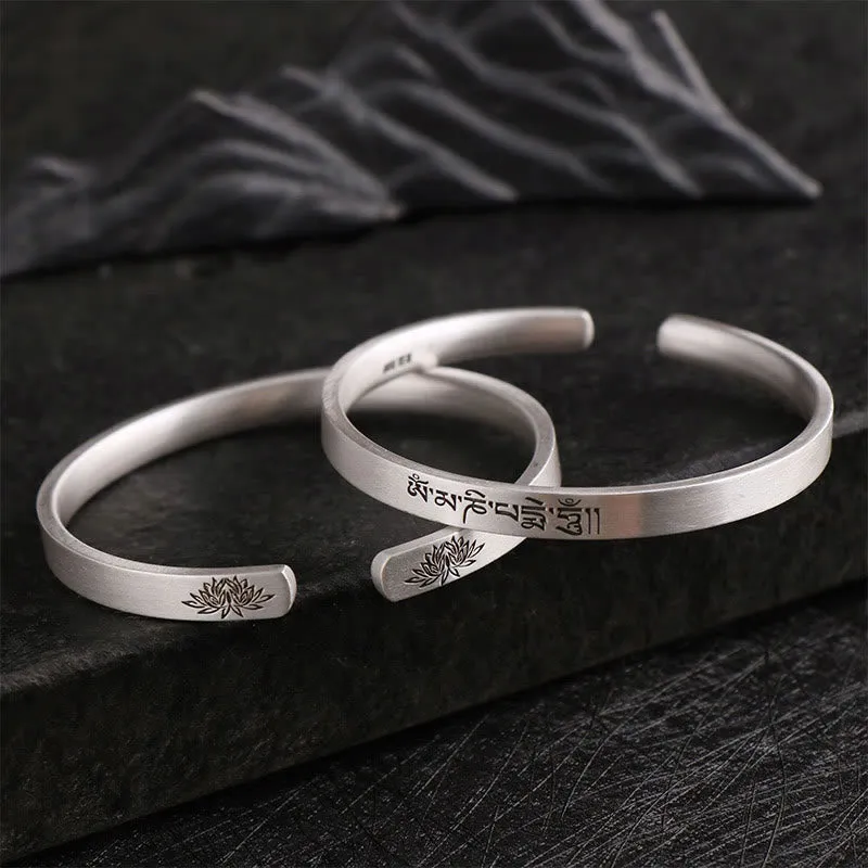 999 Sterling Silver Om Mani Padme Hum Lotus Engraved Peace Bracelet Bangle - Image 6